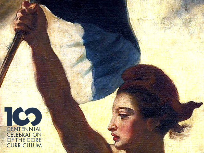 The Core 100 logotype in the corner of the frame of a detail of Eugène Delacroix’s Liberty Leading the People.