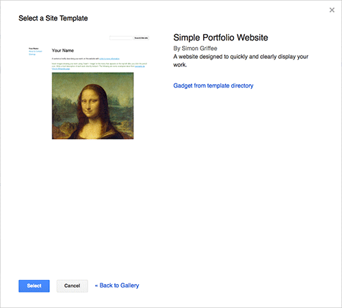 An image showing the site template that includes Leonardo da Vinci's Mona Lisa as an example portfolio piece.