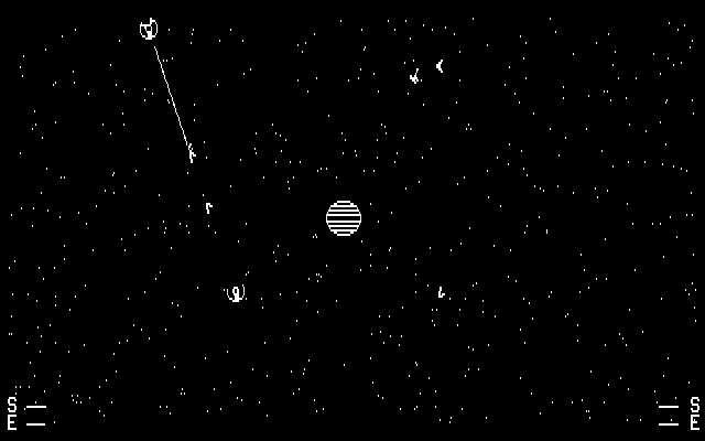 The planet in the middle had a gravitational field around it. Dos Spacewar screenshot.