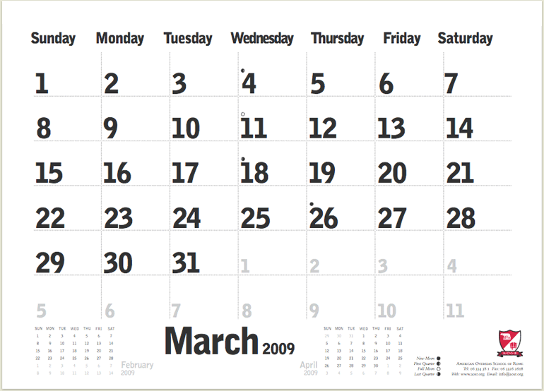 AOSR 2008-2009 Calendar grid page.