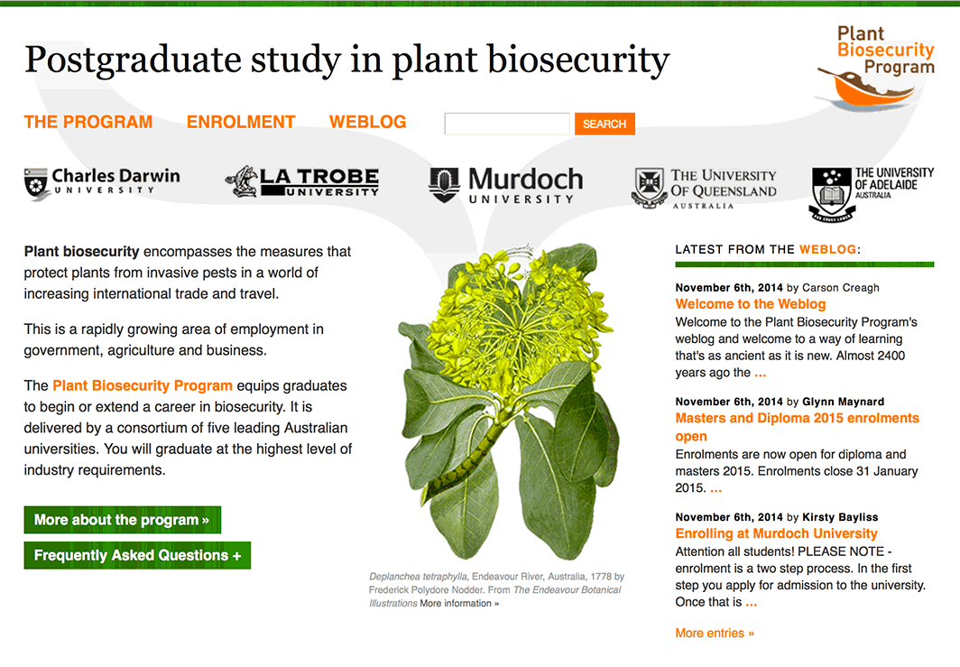 Australian Postgraduate Study in Plant Biosecurity Program website design.