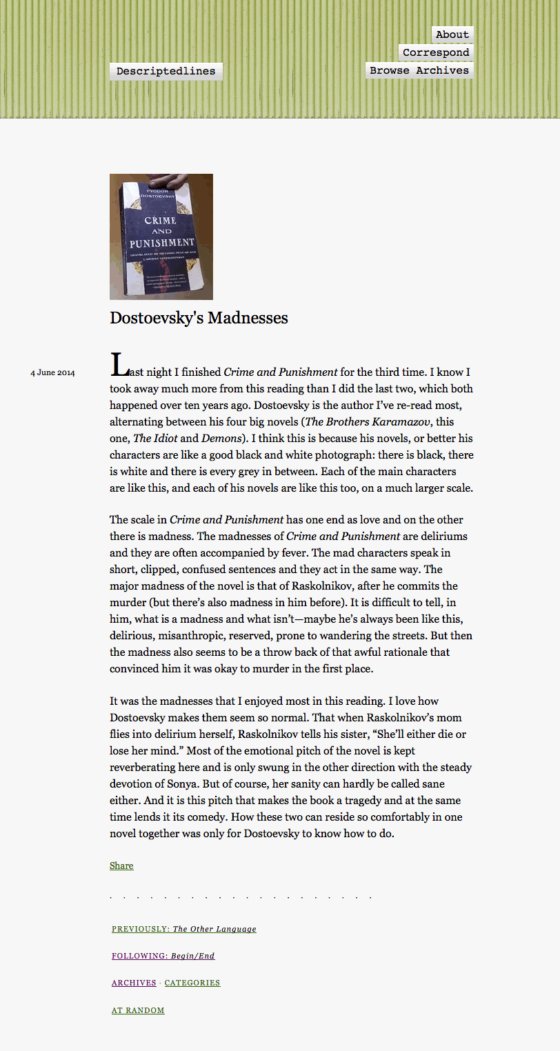 Descriptedlines : A website for a writer to write and readers to read.