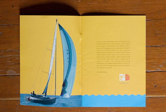 Mylius brochure pp1-2 spread showing the Mylius 11E25 yacht on the left side and text on the right with the Mylius logo which has 'Sailing Art' as a tagline.