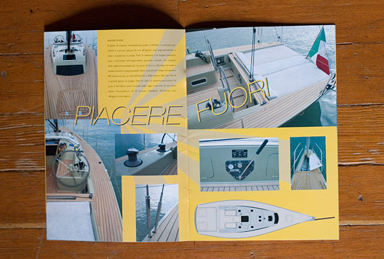 Mylius brochure pp3-4 spread showing photos of the Mylius 11E25 yacht exterior. The words 'Piacere Fuori' run across the page.