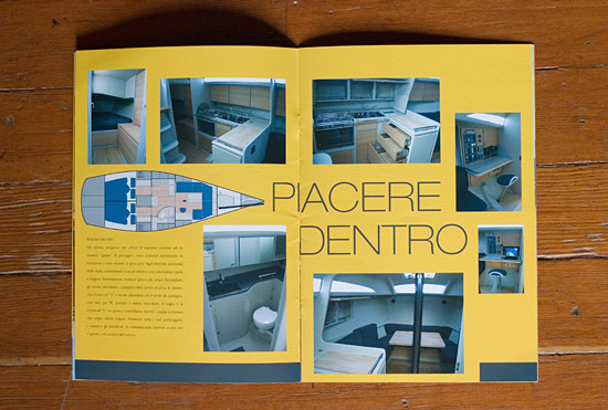 Mylius brochure pp5-6 spread showing photographs of the 11E25 yacht interior. The words 'Piacere Dentro' are written in the center of the page.