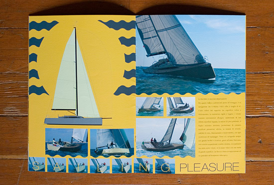 Mylius brochure pp7-8 spread showing a stylized diagram of the Mylius 11E25 yacht and photographs of it sailing. The words 'Sailing Pleasure' run across the bottom of the page.
