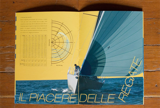 Mylius brochure pp9-10 spread showing a photograph of the Mylius 11E25 yacht sailing towards the camera. A nautical speed diagram similar in shape to the yacht's sail graphic design appears on the left page. The words 'Il piacere delle regate' appear.