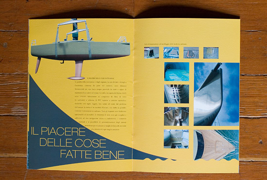 Mylius brochure pp11-12 spread shows photographs of the yacht's construction stages. The words 'Il piacere delle cose fatte bene' run on the left side of the page.