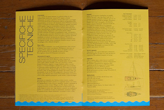 Mylius brochure pp13-14 spread with technical specifications and diagrams of the 11E25 yach-t. The words 'Specifiche tecniche' run upwards on the left page.