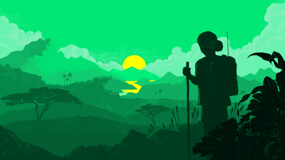 Woman looking into the sun in a verdant African landscape.