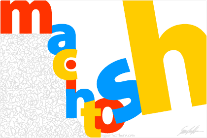 The word Macintosh in bold primary colors with a mess of squiggles on one side.