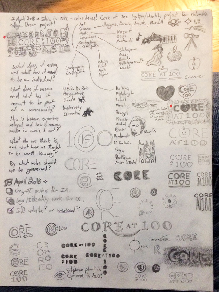 Notebook page with Core 100 logotype design notes.