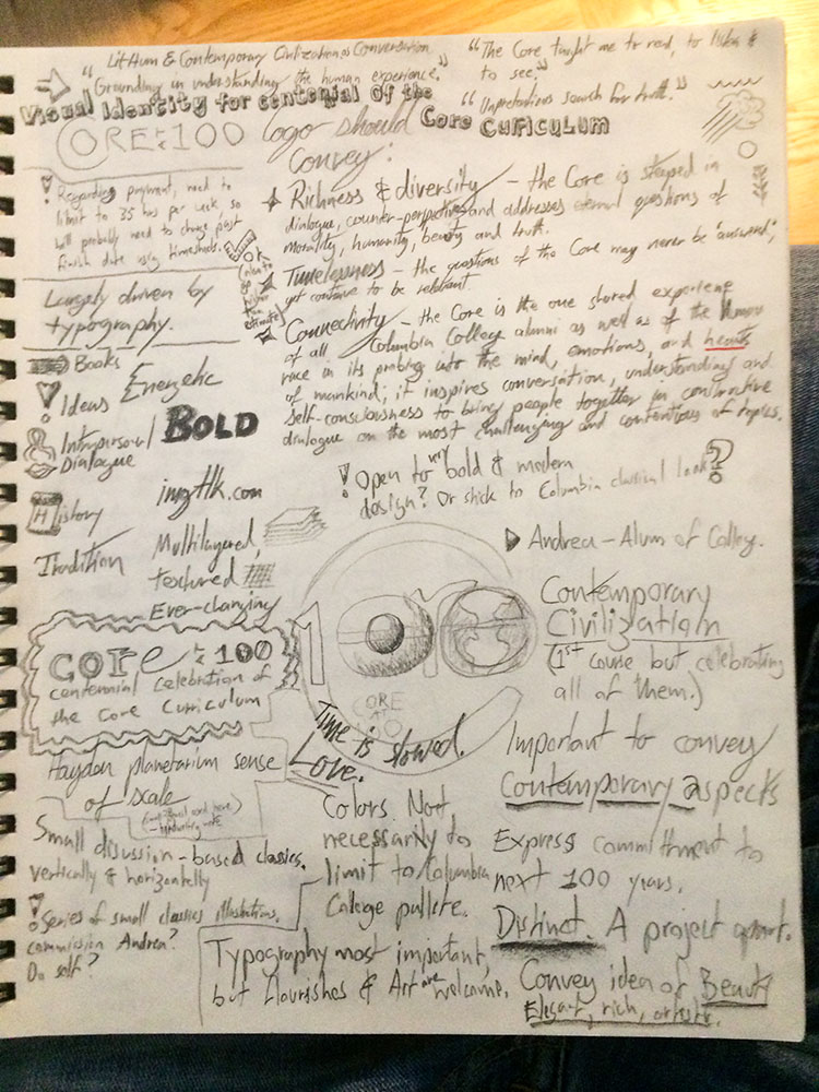Notebook page with Core 100 logotype design notes.