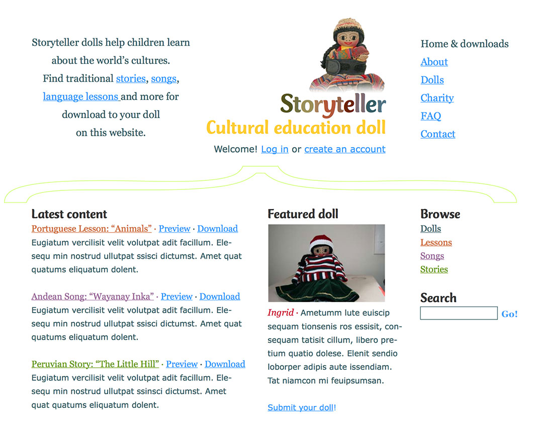 Homepage mockup of the Storyteller dolls website.