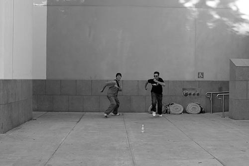 Batman and Robin, aka Jimmy and Franco, running towards the camera, picture 1. Batman and Robin, aka Jimmy and Franco, running towards the camera, picture 1.