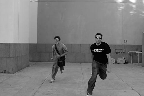 Batman and Robin, aka Jimmy and Franco, running towards the camera, picture 4. Batman and Robin, aka Jimmy and Franco, running towards the camera, picture 4.